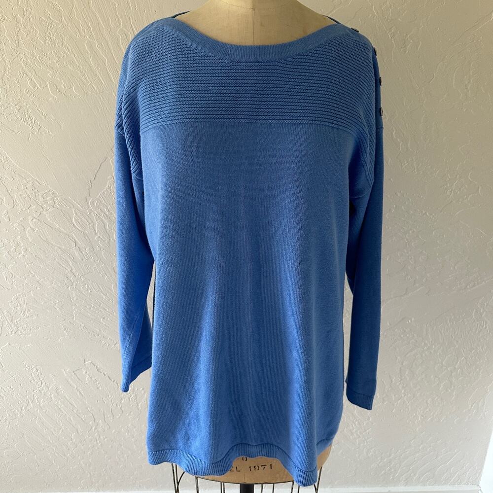 TALBOTS | Womens Petite Boatneck Ribbed Knit Tunic Sweater Size XLP Blue Buttons